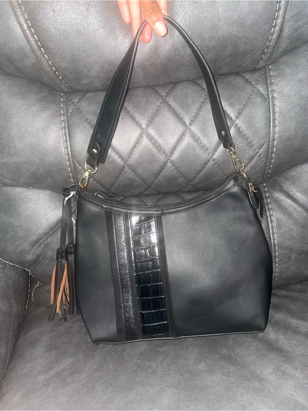 Black Leather Shoulder Bag with Croc Detail
